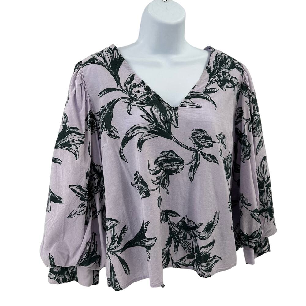 A New Day Floral Blouse WMNS XXL Purple/Green Floral Puff Sleeve Soft Feminine